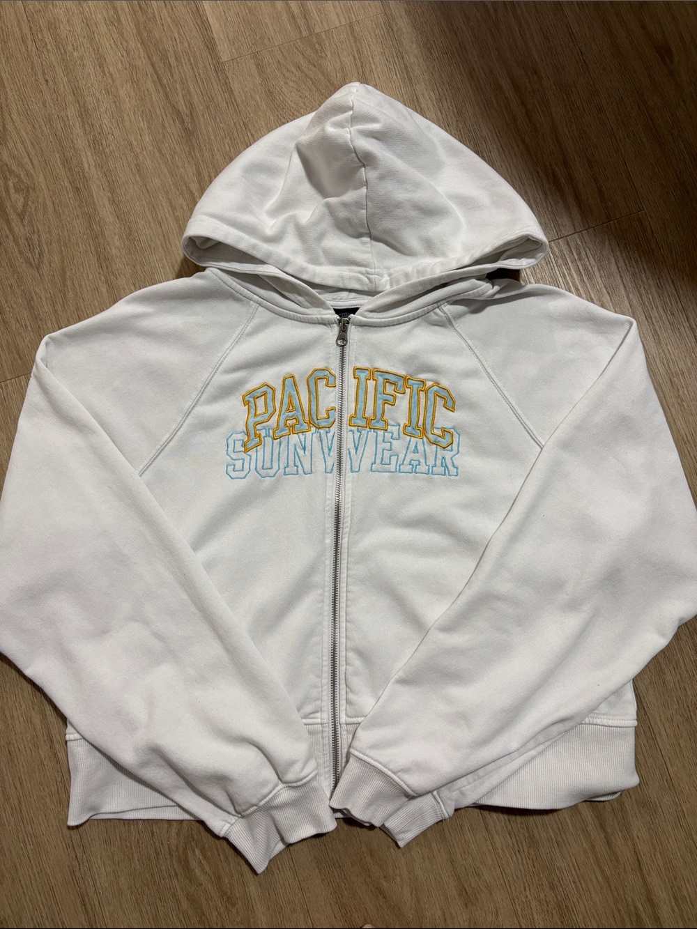 PacSun White Zip-Up Hoodie with Yellow & Light Blue Embroidery